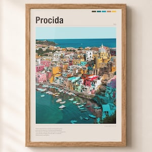 May include: A framed wall art print featuring a photograph of the colorful coastal town of Procida, Italy. The image displays vibrant buildings, a harbor filled with small boats, and the sea. The print includes the text Procida and Italy.