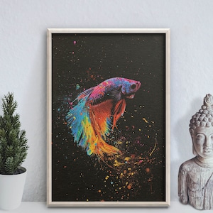 Peut inclure: Une peinture abstraite d'un poisson sur fond noir. Le poisson est un mélange vibrant de rose, bleu, jaune et orange. L'arrière-plan est parsemé de peinture blanche et dorée.