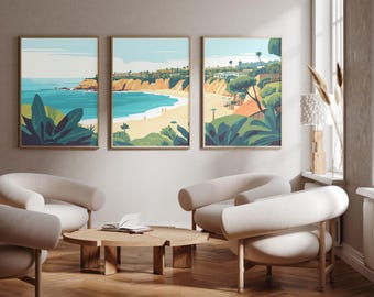 May include: Three framed wall art prints depicting a coastal landscape with turquoise ocean water, sandy beaches, cliffs, and lush green vegetation. The illustrations feature a bright color palette with clear blue skies and stylized natural scenery.