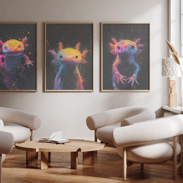 Axolotl - lot de trois - poster photo - oeuvre d'art mural - lot de 3 -