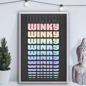 May include: A black and white poster with the word "Winky" repeated in rainbow colors. The poster is framed in a black frame and is hanging on a white wall.