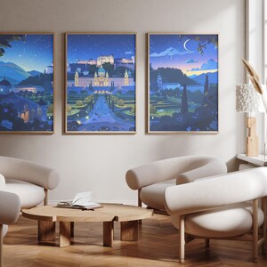 Mirabell Paleis en Tuinen, Salzburg, Oostenrijk - Set van 3 - fotoprintposters - Reiskunstprint - Set van drie - Schloss Mirabell - Nacht