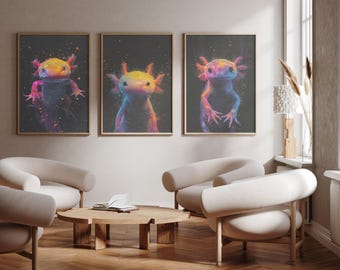 Puede incluir: Tres cuadros de pared con axolotes coloridos sobre un fondo oscuro con motas vibrantes. Cada impresión muestra un axolote diferente en tonos rosa, amarillo y azul, presentados en marcos de madera clara sobre una pared de color neutro.