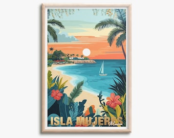 May include: A colorful illustration of a tropical beach scene with palm trees, a sailboat, and the text "ISLA MUJERES Mexico".