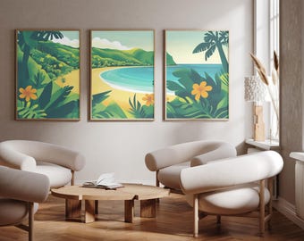 May include: A triptych of framed wall art prints featuring a tropical beach landscape with lush green foliage, palm trees, yellow flowers, a sandy shore, and blue ocean water under a clear sky, displayed in a room with light-coloured furniture.