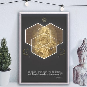 Het licht schijnt in de duisternis, en de duisternis heeft het niet overwonnen - Johannes 1:5 - print poster - bijbel citaat - bijbel vers - inspirerend