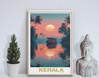 May include: A framed travel poster featuring a houseboat on a calm river in Kerala, India, at sunset. The scene includes silhouetted palm trees, a large orange sun, and soft pink and blue sky gradients. The word KERALA is printed in gold at the bottom.