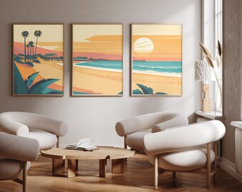 May include: Three framed wall art prints featuring a coastal landscape with palm trees, a sandy beach, and a sunset over the ocean. The illustrations use a palette of soft orange, yellow, teal, and cream tones to depict a serene seaside scene.