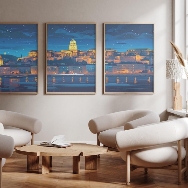 Buda Castle Budapest | Hungary - Set of 3 - photo print posters - Travel art print - Set of three - wall art - Night scene