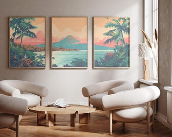 May include: Three vertical wall art prints featuring a tropical landscape with palm trees, a calm ocean, and distant mountains in shades of teal, peach, and pink. The artwork is displayed in thin wooden frames, arranged side by side on a wall.