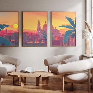 Może przedstawiać: Trzy oprawione ilustracje miejskiego horyzontu o zachodzie słońca. Ilustracje są w stylu retro z ciepłą paletą kolorów. Ilustracje wiszą na ścianie w salonie.