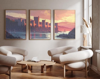 Castelo de Conwy | País de Gales - Conjunto de 3 - pôsteres fotográficos - Impressão de arte de viagem - Conjunto de três - arte de parede