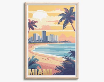 Puede incluir: Una lámina artística enmarcada que muestra una escena de playa estilizada de Miami con un cielo amarillo, un sol grande, palmeras, un océano azul y un horizonte urbano. La palabra MIAMI está impresa en letras doradas en la parte inferior.