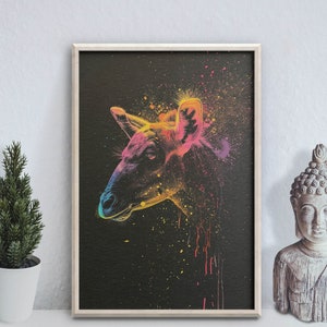May include: A colorful abstract painting of a deer's head on a black background. The deer's head is painted in shades of pink, blue, and yellow, and the background is splattered with paint.