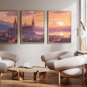 Może przedstawiać: Trzy oprawione wydruki przedstawiające panoramę miasta o zachodzie słońca. Wydruki wiszą na białej ścianie nad stolikiem kawowym i trzema białymi fotelami.