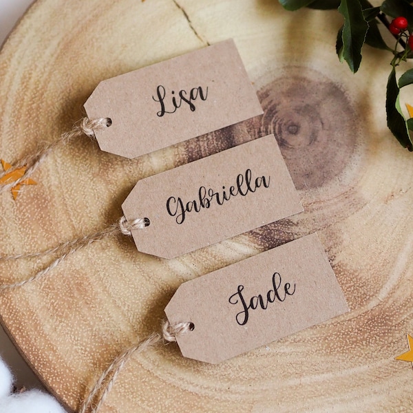 Tarjeta de lugar de boda, etiquetas de nombre de caligrafía personalizadas, etiqueta de Favor de nombre de boda, etiquetas Kraft, etiqueta de despedida de soltera, etiquetas rústicas