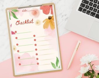 daily checklist floral, To do list, floral daily planner, daily agenda, cute to do list, task checklis, print at home daily task check