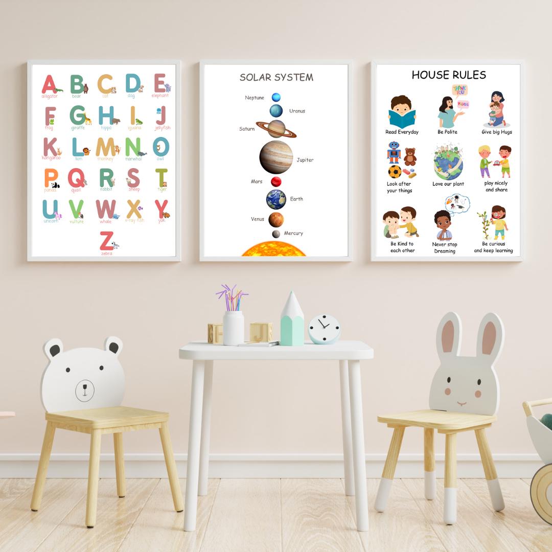 Kids Educational Poster Set of 3, Solar System Alphabet and House Rules ...