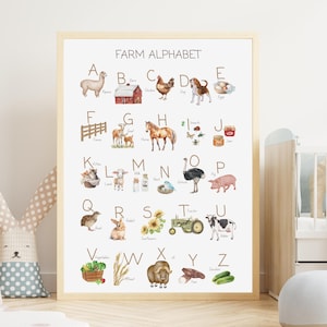 May include: A colorful alphabet chart featuring farm animals and objects. Each letter of the alphabet is paired with a farm-related image, such as an alpaca for A, barn for B, chicken for C, dog for D, and eggs for E. The chart is a great educational tool for children learning their ABCs.