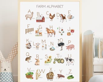 Poster stampabile dell'alfabeto degli animali della fattoria, decorazione murale per la cameretta con l'alfabeto della fattoria, illustrazione di animali dalla A alla Z, alfabeto per imparare i bambini, decorazione per la cameretta.