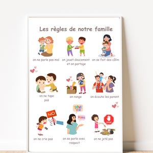 May include: A colorful poster with illustrations of children and parents, outlining family rules in French. The rules include "on ne parle pas mal", "on joue doucement", "on se fait des câlin", "on ne tape pas", "on range", "on écoute les parents", "on ne crie pas", "on se parle avec respect", and "on ne jeté pas".
