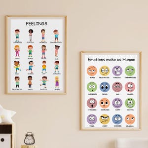 Tabella delle emozioni, tabella dei sentimenti, due poster delle emozioni, poster dei sentimenti dei bambini piccoli, poster Montessori, poster educativo, stampa digitale della sala giochi