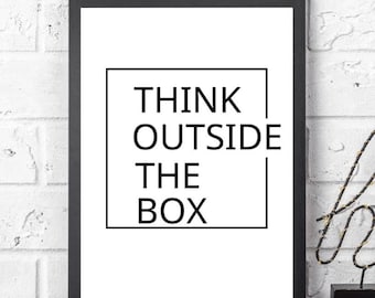 Think Outside the Box-muurkunst • Minimalistische typografieposter met woordenlijst • Moderne zwart-witte citaatafdruk • Inspirerend