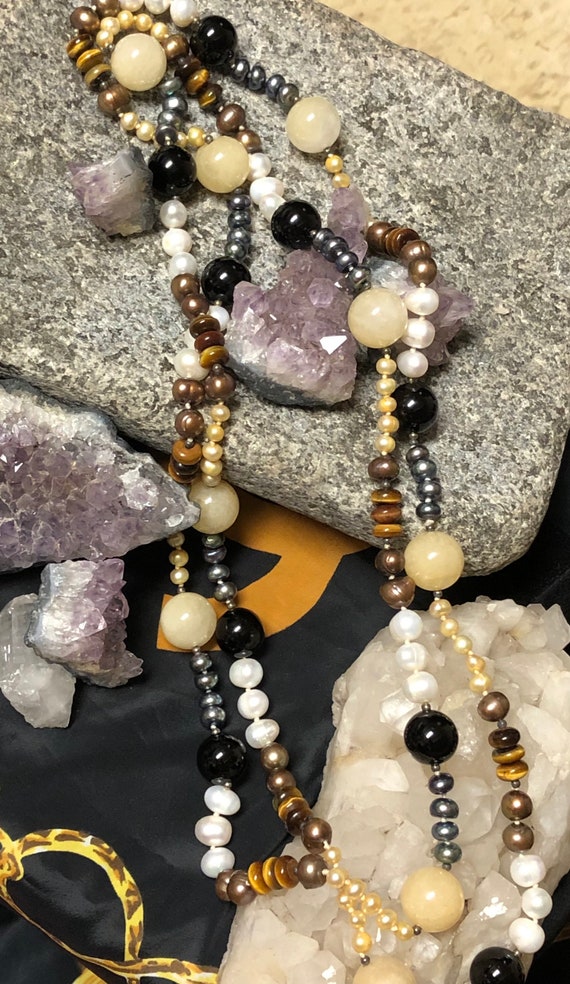 Honey jade and black onyx with tigers eye beads n… - image 3