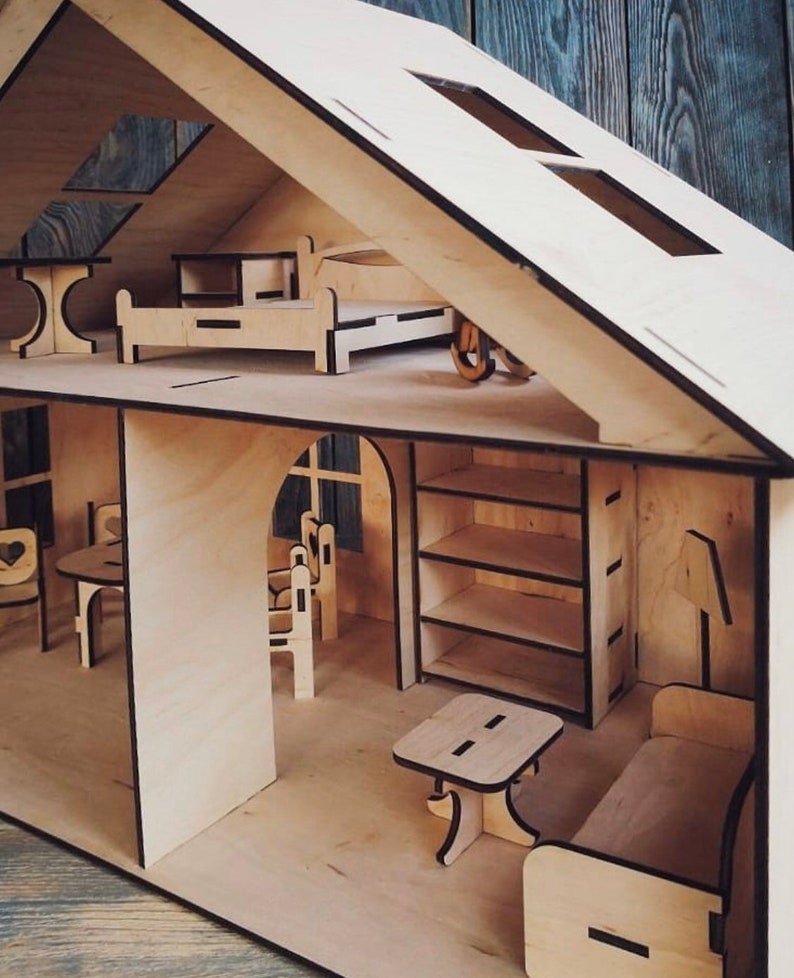 Wooden Dollhouse Wood dollhouse with furniture Plywood Etsy