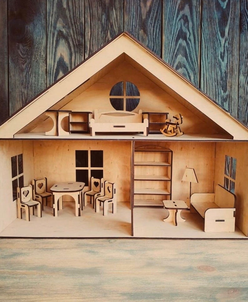 Wooden Dollhouse Wood dollhouse with furniture Plywood Etsy