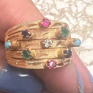 Vintage 14K Gold Multi Stone Harem Puzzle Ring Interlocking Bands 1950 Size 7
