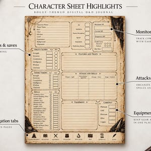 May include: A beige, parchment-style Dungeons & Dragons character sheet with dark brown borders and decorative corner elements. The layout includes sections for ability scores, skills, attacks, spells, equipment, and currency, with navigation icons at the bottom.