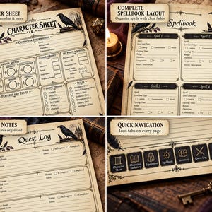 Pode incluir: Um conjunto de quatro folhas de RPG em estilo pergaminho bege com ilustrações de corvos pretos e bordas ornamentadas. As folhas incluem uma ficha de personagem, layout de livro de feitiços, registro de missões e barra de navegação rápida.