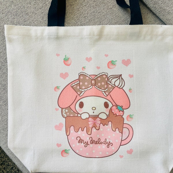 Pink Kawaii Rabbit Floppy Ears Large Tote Bag, Market Bag, Shopping Bag, Linen Totes, Kawaii Cartoon Character Totes