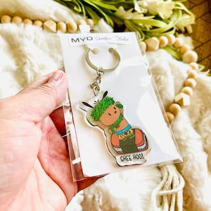 KEYCHAIN-Kawaii Dog Musubi Surfing Keychain, Acrylic, Hawaii Inspired, Surfing, Malo, Cute Keychains