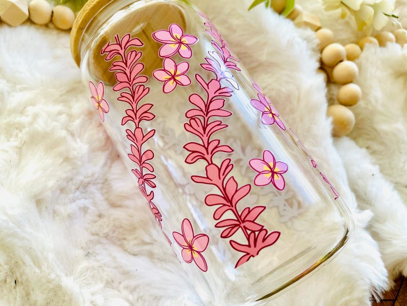 ACRYLIC PLASTIC Can Tumbler Pink Hawaii Lei 16oz , Plumeria Flowers