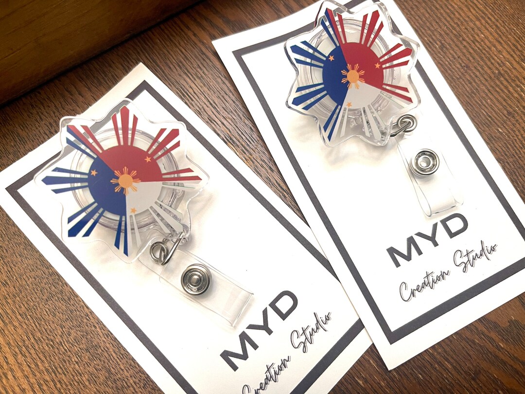 Filipino Flag Badge Reel, Alligator Clip, Swivel Clip, Filipino Sun