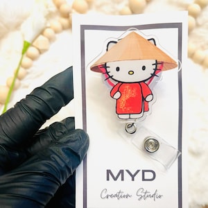 BADGE REEL-Vietnamese Kawaii Cat Retractable Badge Reel, Alligator Clip, Swivel, Acrylic Badge Reels, Cute Kawaii Character, Cartoon, Asian