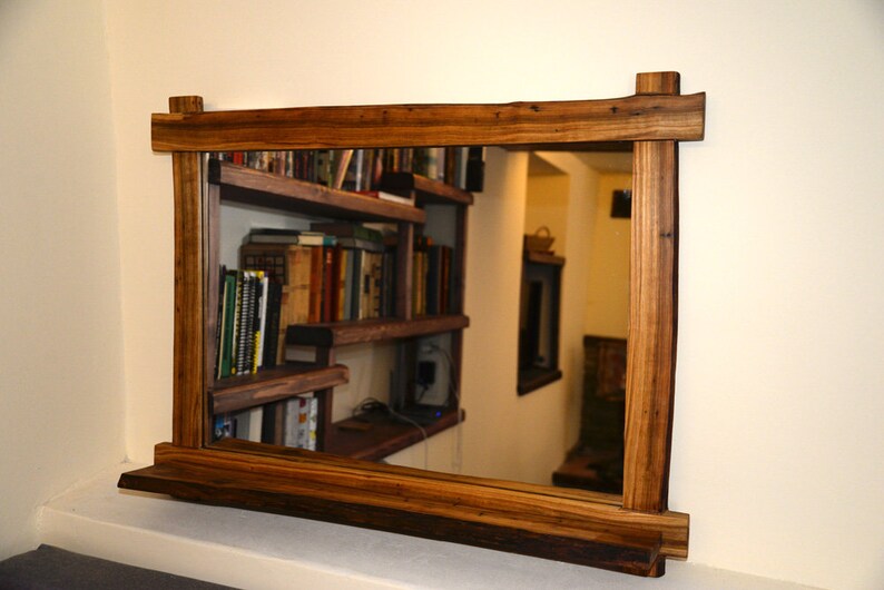Cherry Wood Mirror Frame With Shelf Rustic Decor Bathroom Wall