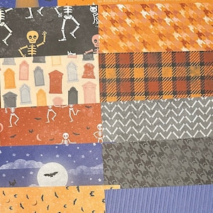 May include: A digital paper pack with 10 different Halloween themed patterns. The patterns include skeletons, bats, moons, stars, and various geometric designs in orange, black, gray, and blue.