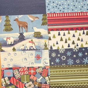 May include: A collage of patterned paper featuring a variety of winter and holiday themes. The patterns include polar bears, reindeer, trees, snowflakes, and gift boxes. The colors are blue, red, green, white, and brown.