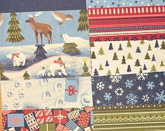 May include: A collage of patterned paper featuring a variety of winter and holiday themes. The patterns include polar bears, reindeer, trees, snowflakes, and gift boxes. The colors are blue, red, green, white, and brown.