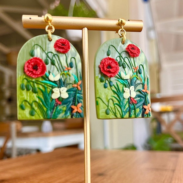 Butterflies and Poppies Polymer Clay Earrings for Art Lovers, Van Gogh Floral Dangle Jewelry, Van Gogh Polymer Clay Earring, Poppy Earrings