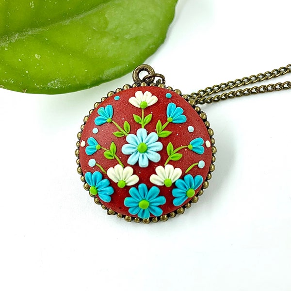 Floral Embroidery Necklace, Polymer Clay Necklace with Flowers, Applique Design Necklace, Handmade Unique Floral Jewelry, Red Necklace