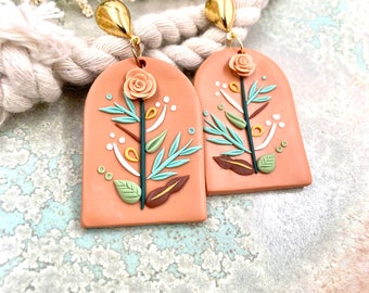 Salmon Pink Floral Polymer Clay Earrings, Spring Floral Dangles, Modern Statement Jewelry, Floral Branch Earrings