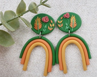 Polymer Clay Arch Earrings, Green Rainbow Earrings