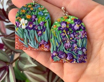 Polymer Clay Irises Earrings, Van Gogh Floral Dangle Lightweight Jewelry, Unique Purple Earrings for Flower Lovers