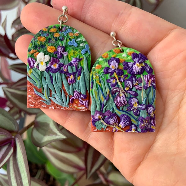 Polymer Clay Irises Earrings, Van Gogh Floral Dangle Lightweight Jewelry, Unique Purple Earrings for Flower Lovers