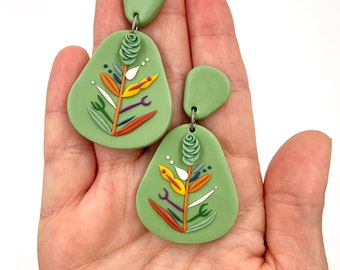 Mint Green Floral Polymer Clay Earrings, Floral Clay Dangle, Fall Jewelry, Boho Polymer Clay Jewelry, Flower Statement Earrings for Fall