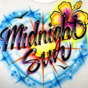 Midnight Sun Airbrushed Shirt – Heart, Clouds & Hibiscus Design